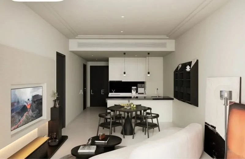 Living features: white painted walls, light-colored flooring, sofa in light fabric, coffee table, TV console, wall-mounted TV, decorative artwork, recessed downlights, open-plan layout, kitchen island with seating, black cabinetry, stainless-steel appliances, pendant lighting over kitchen island, dining table with chairs, floor-to-ceiling windows; style: modern.