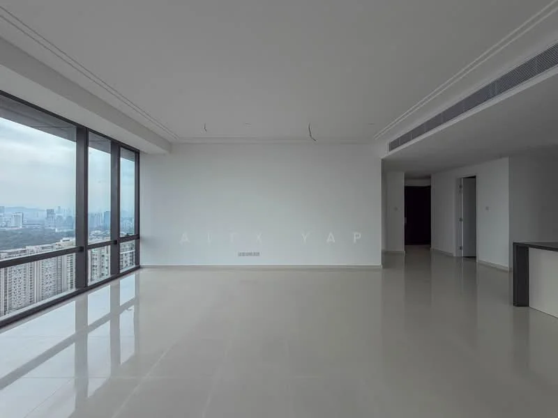 Room features: white painted walls, polished tile flooring, floor-to-ceiling windows, city skyline view, recessed downlights, open layout, high ceiling; style: modern; view: city.