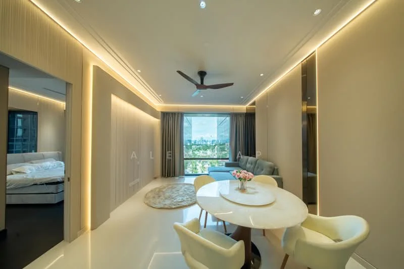 Living features: recessed LED downlights, 5-blade ceiling fan, floor-to-ceiling windows, grey sofa, round marble dining table, upholstered dining chairs, decorative area rug, curtains, neutral wall colour, light wood paneling, decorative flower vase; style: modern; view: city. Bedroom features: queen-size bed, bedding, nightstand, wall-mounted artwork; style: modern.