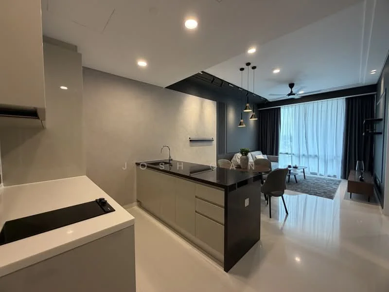 Kitchen features: white cabinetry, black countertop, built-in oven, stainless-steel sink, chrome pull-down faucet, ceramic tile flooring, recessed downlights, open shelving, kitchen island, wall-mounted extractor hood; style: modern. Living features: 3-seater fabric sofa in grey, area rug, coffee table, wall-mounted TV, floor-to-ceiling windows, curtains, ceiling fan; style: modern.