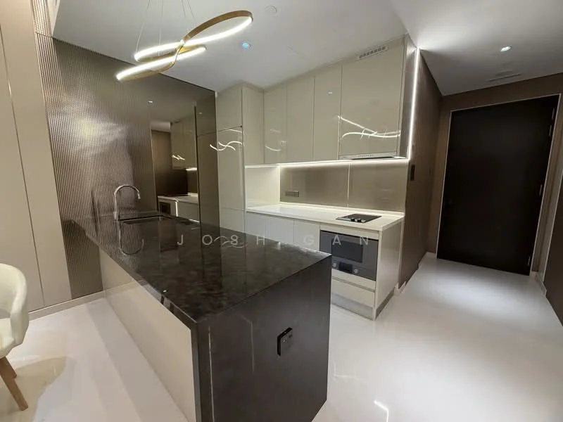 Kitchen features: black granite countertop, white high-gloss cabinetry, built-in oven, induction cooktop, stainless-steel sink, chrome pull-down faucet, pendant light fixture, recessed LED downlights, white tile flooring, textured wall panel, integrated refrigerator, open shelving; style: modern.