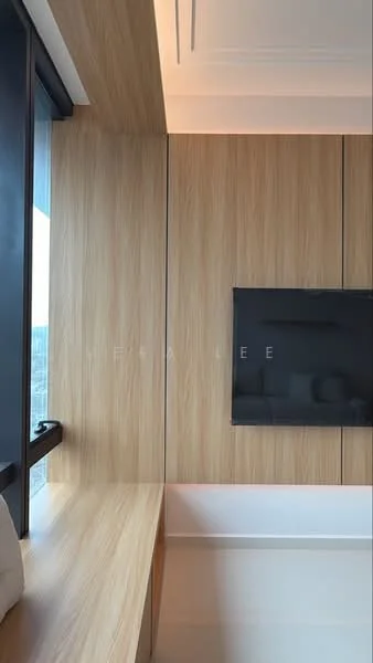 Room features: wood paneling on walls, large window with city view, built-in bench seating, flat-screen TV mounted on wall, recessed lighting, light-colored flooring, minimalist design; style: modern; view: city.