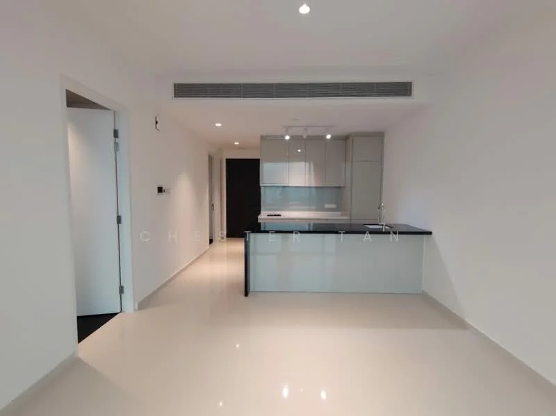 Kitchen features: white painted walls, glossy tile flooring, black countertop, kitchen island, stainless-steel sink, chrome pull-down faucet, built-in cabinetry, recessed downlights, open layout; style: modern.