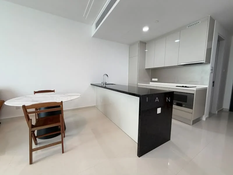 Kitchen features: white cabinets, black granite countertop, stainless-steel sink, chrome pull-down faucet, built-in oven, freestanding range oven, marble dining table, wooden dining chairs, ceramic tile flooring, recessed downlights, open layout, wall-mounted cabinets, neutral wall color, island counter; style: modern.
