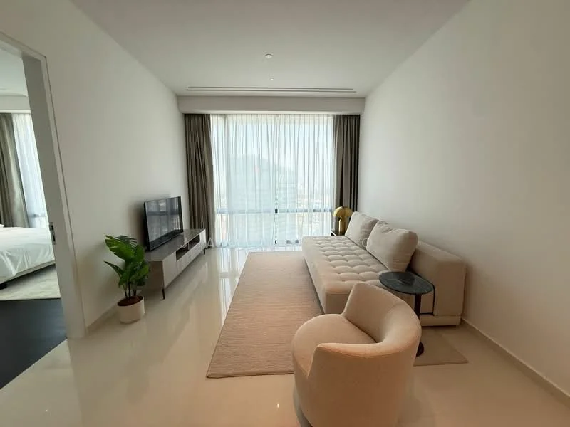 Living features: beige fabric sofa, round side table, wall-mounted TV, TV console, area rug, large floor-to-ceiling windows, sheer curtains, white painted walls, glossy tile flooring, recessed downlights; style: modern; view: city.