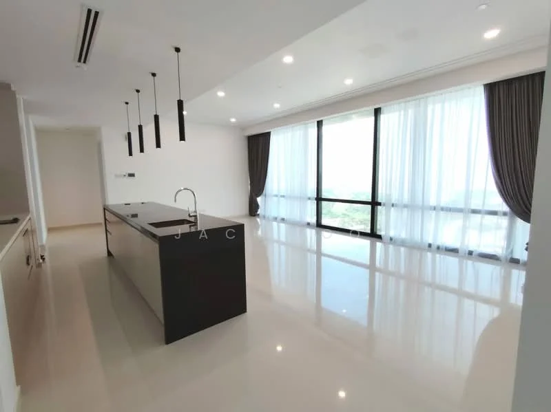 Kitchen features: island kitchen with dark cabinetry, white marble countertop, single-bowl stainless-steel sink, chrome pull-down faucet, pendant lighting, floor-to-ceiling windows, sheer curtains, polished tile flooring, open layout, view of the city, recessed downlights; style: modern; view: city.