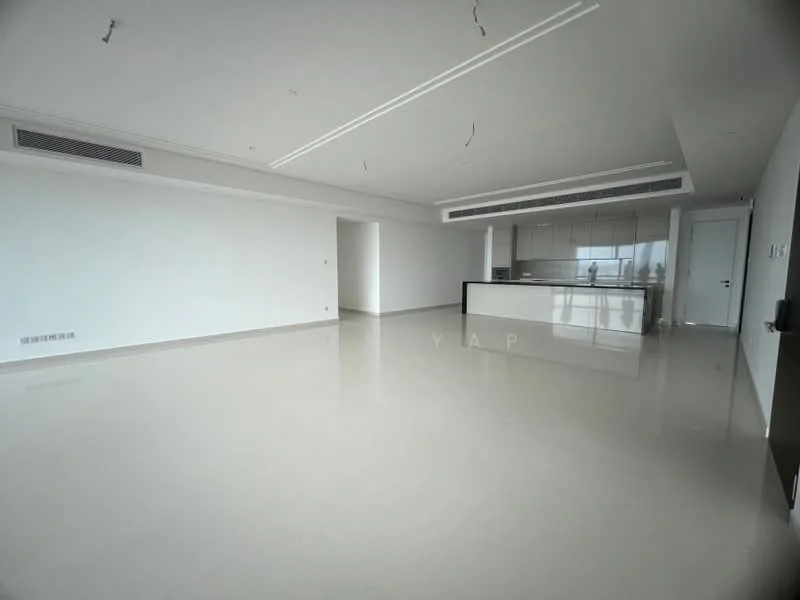 Living features: white painted walls, polished ceramic tile flooring, recessed downlights, floor-to-ceiling windows, open layout, kitchen island, minimalist design, neutral color palette; style: modern.