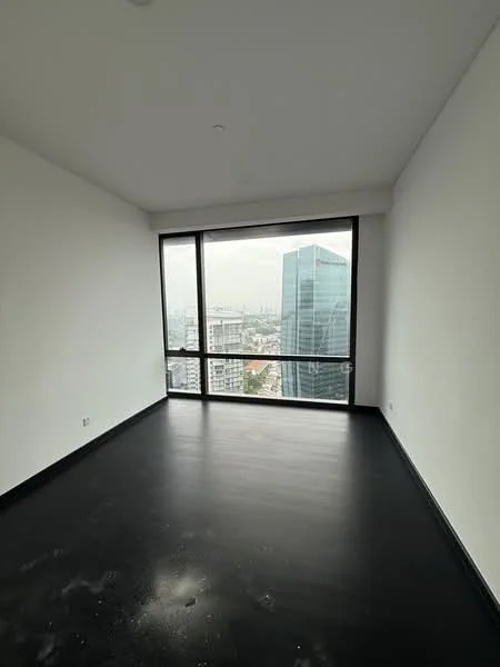 Room features: large floor-to-ceiling windows, black laminate flooring, white painted walls, city skyline view; style: modern; view: city.