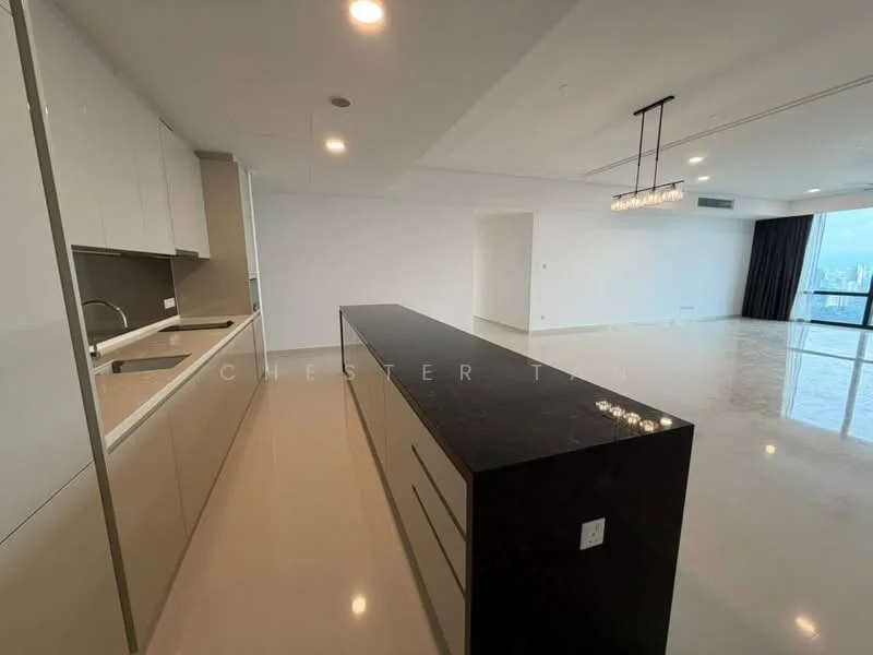 Kitchen features: black granite countertop, white cabinetry, built-in oven, stainless-steel sink, chrome pull-down faucet, pendant lighting, open-plan layout, polished concrete flooring, floor-to-ceiling windows, city view, recessed downlights; style: modern; view: city. Living features: open-plan layout, polished concrete flooring, floor-to-ceiling windows, blackout curtains, chandelier, recessed downlights; style: modern; view: city.