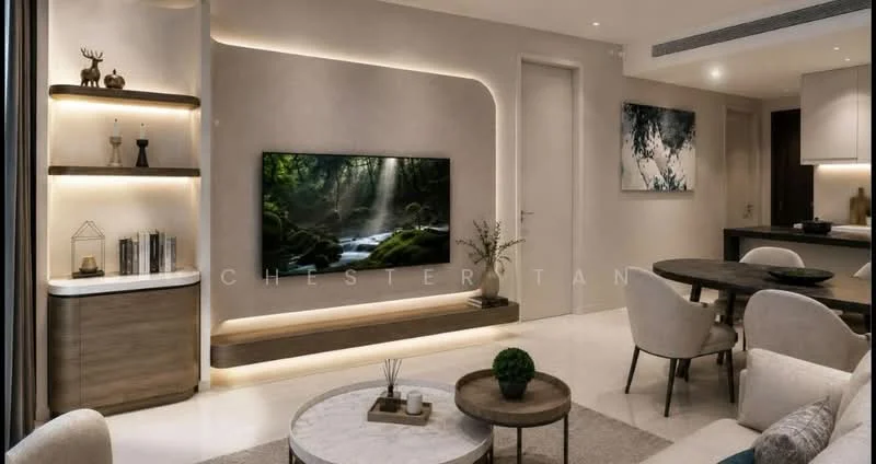 Living features: white painted walls, polished marble flooring, recessed downlights, wall-mounted TV, wooden TV console, decorative wall shelves, round coffee table, upholstered dining chairs, sofa with cushions, decorative plants, artwork on wall, floor-to-ceiling windows with curtains; style: modern.
