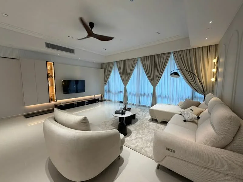 Living features: 2-seater fabric sofa in cream, 3-seater fabric sofa in white, coffee table, area rug with neutral color, floor-to-ceiling windows with sheer curtains, wall-mounted TV, light fixture with integrated LED lights, ceiling fan with light, decorative floor lamp, built-in shelving unit with lighting, recessed downlights, curtains in light beige; style: modern; view: city.