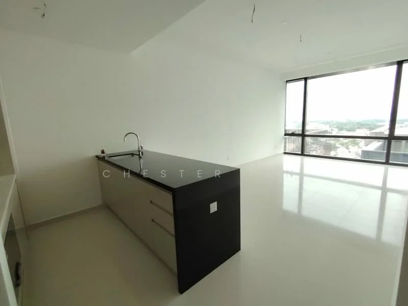 Kitchen features: black countertop, grey cabinetry, single-bowl stainless-steel sink, chrome pull-down faucet, open layout, large windows with city view, white walls, glossy tile flooring; style: modern; view: city.