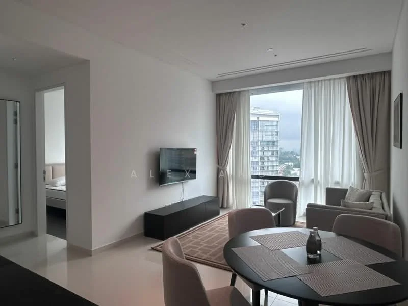 Living features: white painted walls, marble tile flooring, floor-to-ceiling windows, sheer curtains, wall-mounted TV, black TV console, round dining table, upholstered dining chairs, area rug with geometric pattern, decorative vase, 2-seater fabric sofa, accent chair; style: modern; view: city. Room features: white painted walls, marble tile flooring.