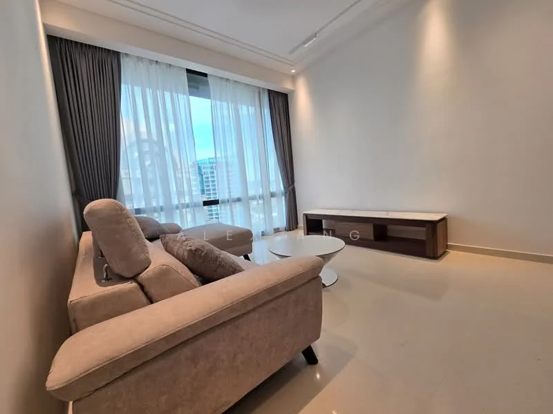 Living features: beige fabric sofa, coffee table with round top, floor-to-ceiling windows, sheer curtains, grey curtains, light-colored walls, polished tile flooring, wooden console table, minimalist decor; style: modern; view: city.