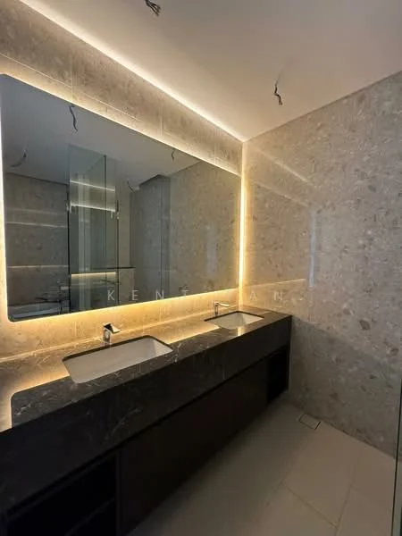 Bathroom features: double-sink vanity with dark wood cabinet, black marble countertop, framed mirror, backlit mirror, tile cladding on walls, neutral tile flooring, recessed lighting, glass shower enclosure; style: modern.