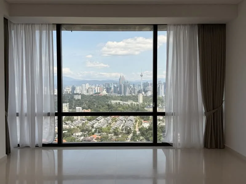 Room features: floor-to-ceiling windows, sheer curtains, city view, white walls, light-colored flooring; style: modern; view: city.