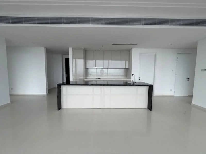 Kitchen features: island kitchen with black granite countertop, white cabinetry with flat-panel design, built-in oven, stainless-steel sink, chrome pull-down faucet, open layout, neutral wall color, large windows for natural light, recessed downlights, porcelain tile flooring; style: modern; view: city.
