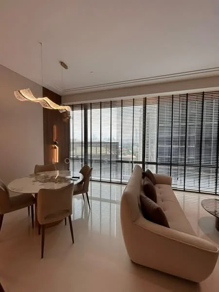 Living features: sofa in beige, coffee table, dining table with marble top, 4 upholstered dining chairs, floor-to-ceiling windows, blinds, pendant light fixture, polished tile flooring, decorative wall paneling, city view; style: modern; view: city.
