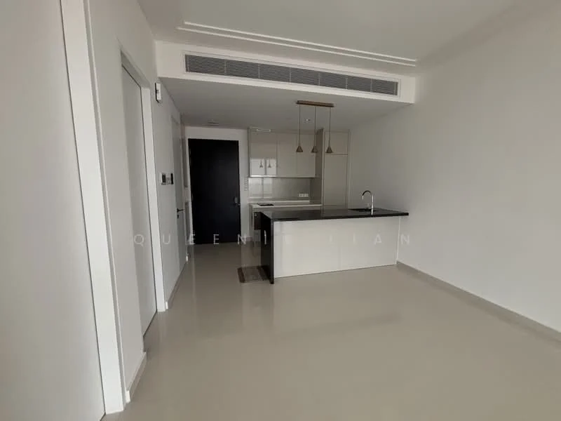 Kitchen features: white cabinetry, black countertop, stainless-steel sink, chrome pull-down faucet, built-in oven, freestanding range oven, pendant lighting, open layout, smooth tile flooring, recessed downlights; style: modern. Room features: white painted walls, smooth ceiling, floor-to-ceiling windows.