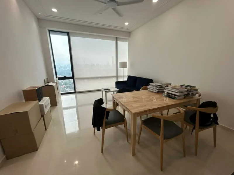 Living features: floor-to-ceiling windows, city skyline view, white painted walls, polished tile flooring, 5-blade ceiling fan, blue fabric sofa, wood dining table, 4 wooden dining chairs, stack of books on table, cardboard boxes, lamp, decorative items on table; style: modern; view: city.