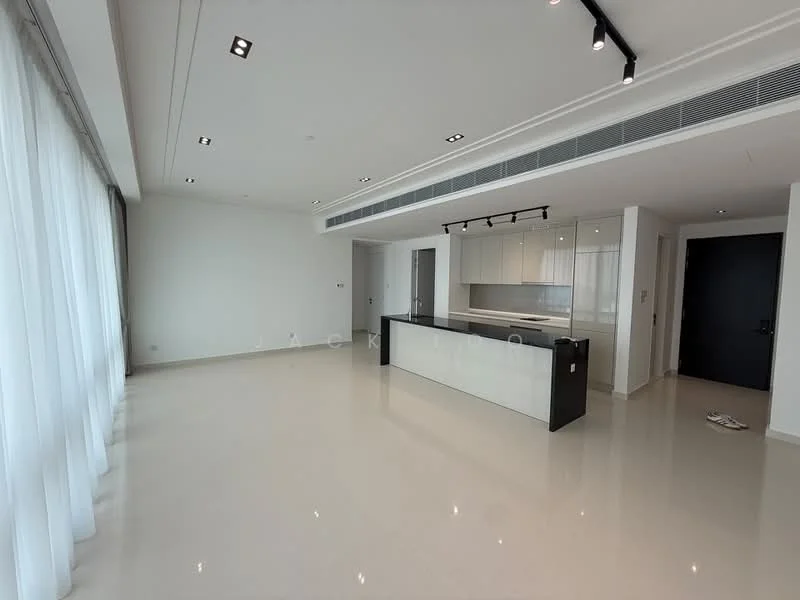 Living features: white painted walls, polished marble flooring, recessed downlights, floor-to-ceiling windows with sheer curtains, open-plan layout, kitchen island with breakfast bar, built-in cabinetry, black accent cabinetry, sliding glass door, neutral color palette; style: modern.