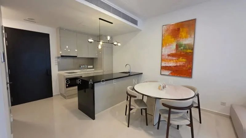 Kitchen features: white cabinetry, black countertop, stainless-steel sink, chrome pull-down faucet, built-in oven, freestanding range oven, refrigerator, pendant lighting, open shelving, dining table with 4 chairs, white walls, tile flooring; style: modern.