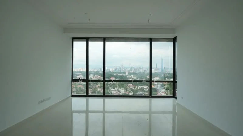 Room features: floor-to-ceiling windows, white painted walls, polished marble flooring, city skyline view; style: modern; view: city.