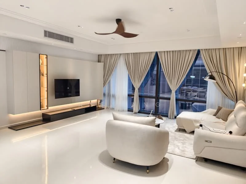 Living features: white walls, polished white flooring, tray ceiling, 5-blade ceiling fan with light, floor-to-ceiling windows, sheer curtains, light-colored fabric sofa, accent chair, coffee table, TV console, wall-mounted TV, decorative floor lamp, area rug; style: modern; view: city.