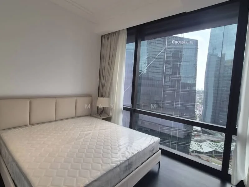 Bedroom features: king-size bed frame without mattress, floor-to-ceiling windows, city skyline view, light-colored curtains, white painted walls, crown moulding, laminate flooring, table lamp; style: modern; view: city.