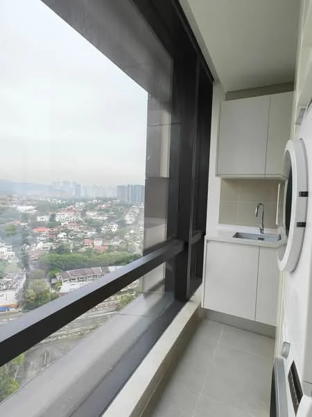 Laundry features: floor-to-ceiling windows, white cabinetry, single-bowl stainless-steel sink, chrome pull-down faucet, washer-dryer combo, grey tile flooring, city view; style: modern; view: city.
