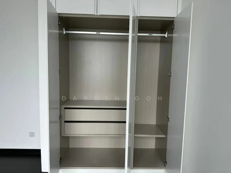 Room features: built-in wardrobe, sliding doors, light wood interior, hanging rod, shelves, drawer, white cabinet exterior; style: modern.