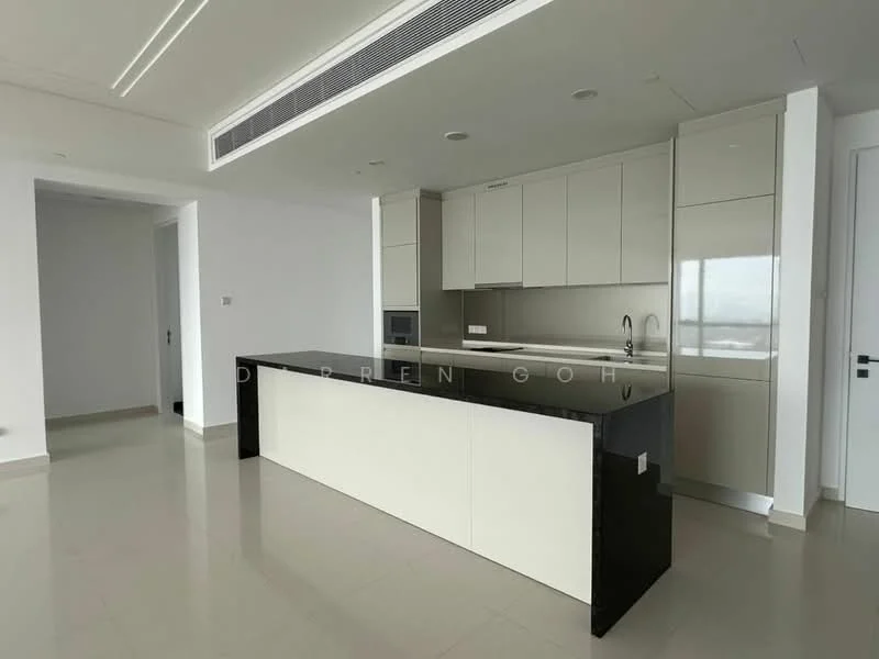 Kitchen features: white cabinetry, black granite countertop, stainless-steel sink, chrome pull-down faucet, built-in oven, microwave, ceramic tile flooring, recessed downlights, open layout, floor-to-ceiling windows, pantry, island with seating, modern design, neutral color scheme; style: modern; view: city.