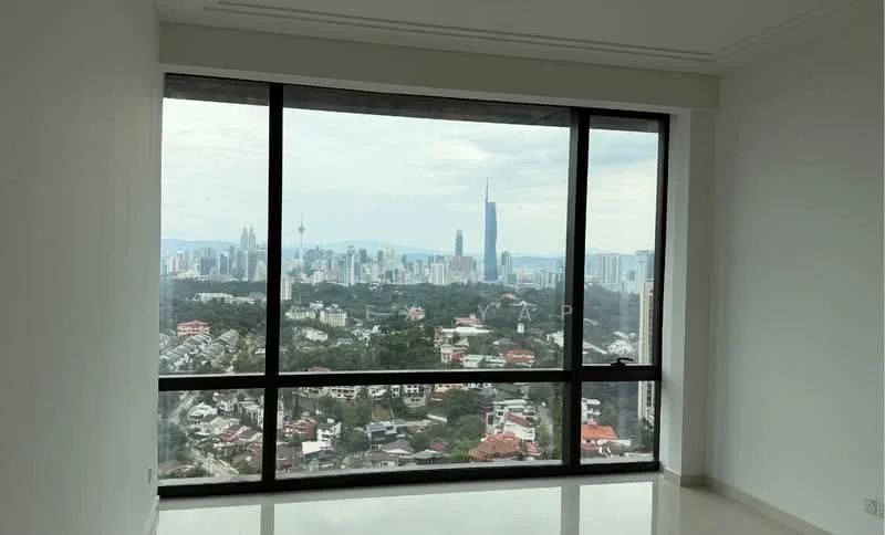 Room features: floor-to-ceiling windows, white painted walls, marble flooring, city skyline view; style: modern; view: city.