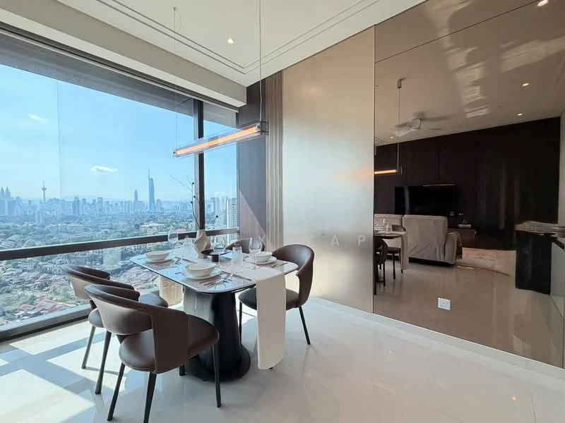 Dining features: 6-seater dining table, white table with black base, upholstered dining chairs in brown, floor-to-ceiling windows, city skyline view, pendant light fixture, marble flooring, decorative wall paneling; style: modern; view: city. Living features: sofa in light color, coffee table, wall-mounted TV, dark cabinetry, recessed downlights; style: modern.