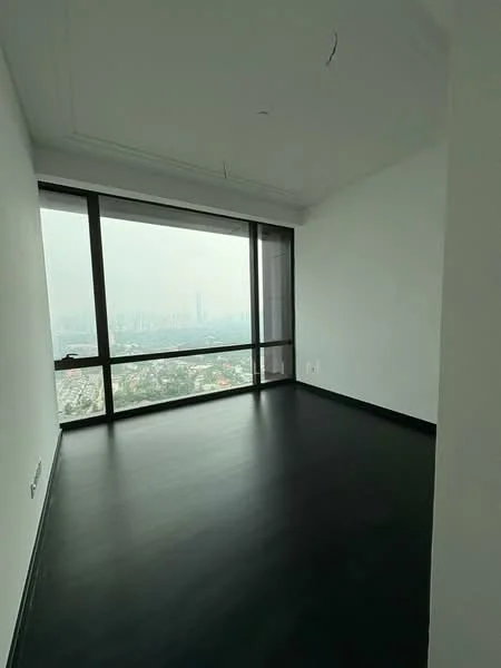 Room features: floor-to-ceiling windows, black flooring, white painted walls, crown moulding, city view; style: modern; view: city.
