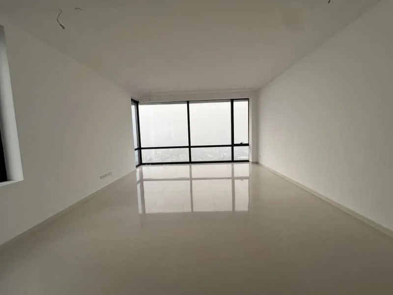 Living features: white painted walls, polished ceramic tile flooring, floor-to-ceiling windows, city view, no visible furniture, minimalist design, natural light, open layout; style: modern; view: city.