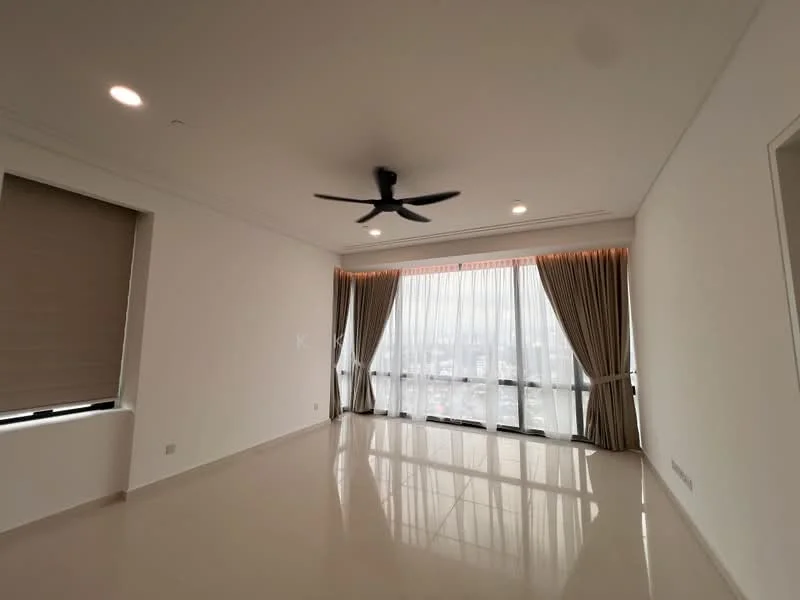 Living features: white painted walls, glossy tile flooring, 5-blade ceiling fan, floor-to-ceiling windows, sheer curtains, heavy drapes, recessed downlights, city view; style: modern; view: city.