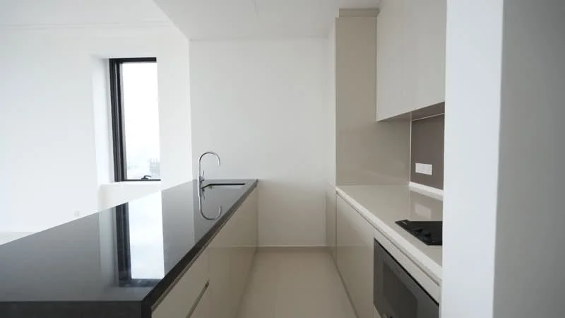 Kitchen features: black granite countertop, white cabinetry, built-in oven, 4-burner gas hob, single-bowl stainless-steel sink, chrome pull-down faucet, white backsplash, floor-to-ceiling window, light-colored tile flooring; style: modern; view: city.