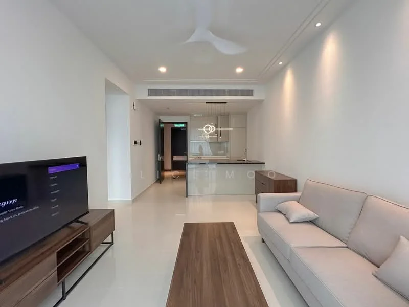 Living features: light grey fabric sofa, wooden coffee table, wall-mounted TV, TV console, recessed downlights, ceiling fan, white painted walls, cream tile flooring, open-plan layout to kitchen, large window with natural light; style: modern. Kitchen features: kitchen island, grey cabinetry, stainless-steel appliances, white countertop, glass backsplash, open shelving, recessed downlights; style: modern.