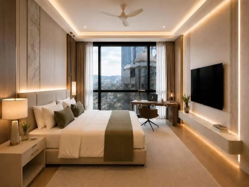 Bedroom features: king-size bed with upholstered headboard, white bedding with green throw, 2 bedside tables with lamps, wall-mounted TV, desk with chair, floor-to-ceiling windows, sheer curtains, recessed LED downlights, ceiling fan, light wood paneling, neutral carpet flooring, decorative wall with backlighting; style: modern; view: city.