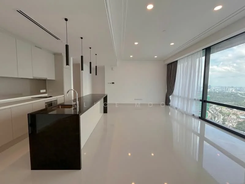Kitchen features: white cabinetry, black countertop, single-bowl stainless-steel sink, chrome pull-down faucet, built-in oven, freestanding range oven, recessed downlights, floor-to-ceiling windows, city view, marble flooring, open layout, island with seating, sliding glass door, curtains; style: modern; view: city. Living features: marble flooring, floor-to-ceiling windows, recessed downlights, open layout, curtains; style: modern; view: city.