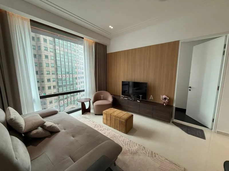 Living features: floor-to-ceiling windows, grey fabric sofa, wooden coffee table, TV console, wall-mounted TV, decorative armchair, light-colored walls, wood panel accent wall, recessed lighting, curtains, neutral-colored area rug, polished tile flooring; style: modern; view: city.