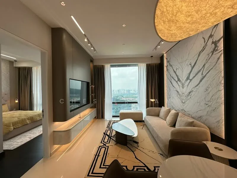 Living features: large floor-to-ceiling windows with city view, light grey fabric sofa, white coffee table, black and white area rug with geometric pattern, wall-mounted TV, built-in media console, recessed LED downlights, decorative wall with marble pattern, curtains, modern light fixture; style: modern; view: city. Bedroom features: yellow bedspread, bedside lamps, curtains, wall-mounted artwork; style: modern; view: city.