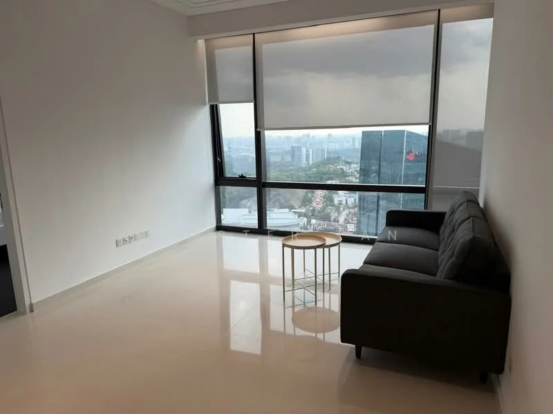 Living features: floor-to-ceiling windows, grey fabric sofa, round coffee table, white painted walls, glossy tile flooring, city skyline view, recessed downlights, minimalist decor; style: modern; view: city.