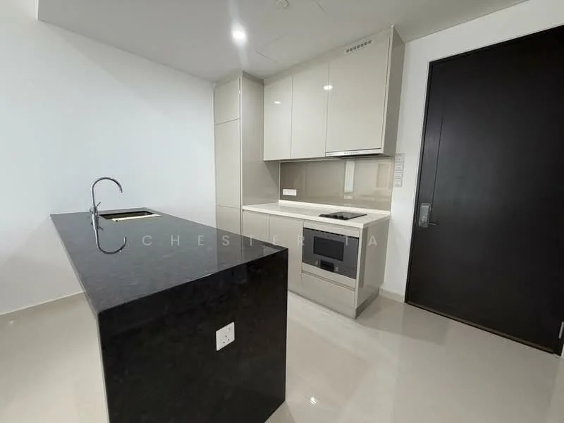 Kitchen features: black granite countertop, single-bowl stainless-steel sink, chrome pull-down faucet, built-in oven, induction hob, flat-panel beige cabinets, white backsplash, recessed downlights, ceramic tile flooring, wall-mounted range hood; style: modern.