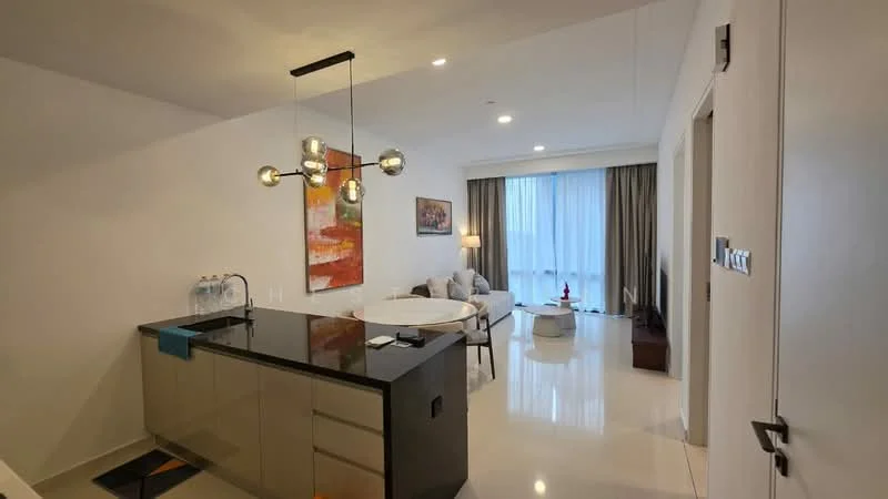 Kitchen features: black granite countertop, single-bowl stainless-steel sink, chrome pull-down faucet, flat-panel cabinetry in light color, 3-bulb pendant lighting, water bottles on countertop; style: modern. Living features: sofa with light upholstery, coffee table, floor lamp, curtains in neutral color, large window with natural light, artwork on wall, wooden side table; style: modern.