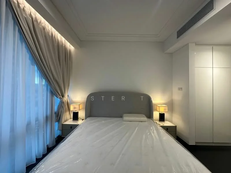 Bedroom features: king-size bed with upholstered headboard, white bedding, 2 bedside lamps, white painted walls, dark flooring, floor-to-ceiling windows with sheer curtains, built-in wardrobe, recessed ceiling lights, crown moulding; style: modern; view: city.