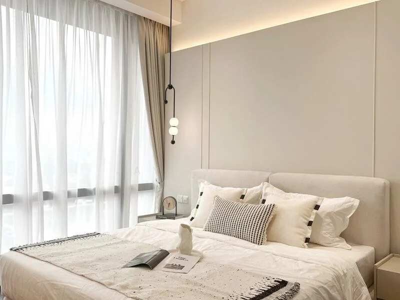 Bedroom features: queen-size bed with upholstered headboard, white bedding with decorative pillows, bedside table, table lamp, floor-to-ceiling windows with sheer curtains, light-colored walls, recessed ceiling lighting, decorative throw blanket, book on the bed; style: modern; view: city.