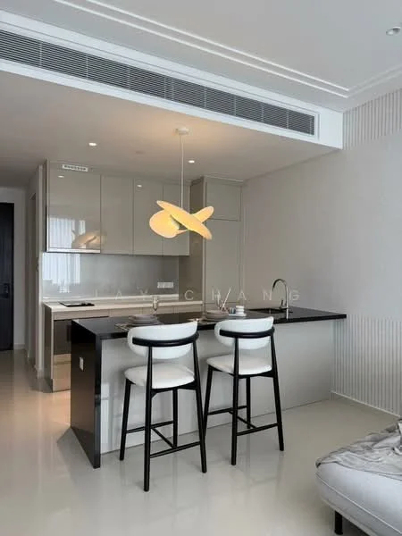 Kitchen features: white cabinetry, black countertop, stainless-steel sink, chrome pull-down faucet, built-in oven, freestanding range oven, refrigerator, pendant lamp, bar stools, open layout, tile flooring, wall-mounted cabinets, recessed downlights, neutral wall colour; style: modern.