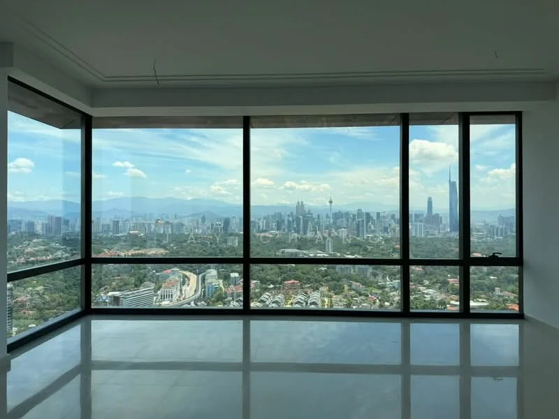 Room features: floor-to-ceiling windows, concrete ceiling, polished concrete flooring, city skyline view; style: modern; view: city.
